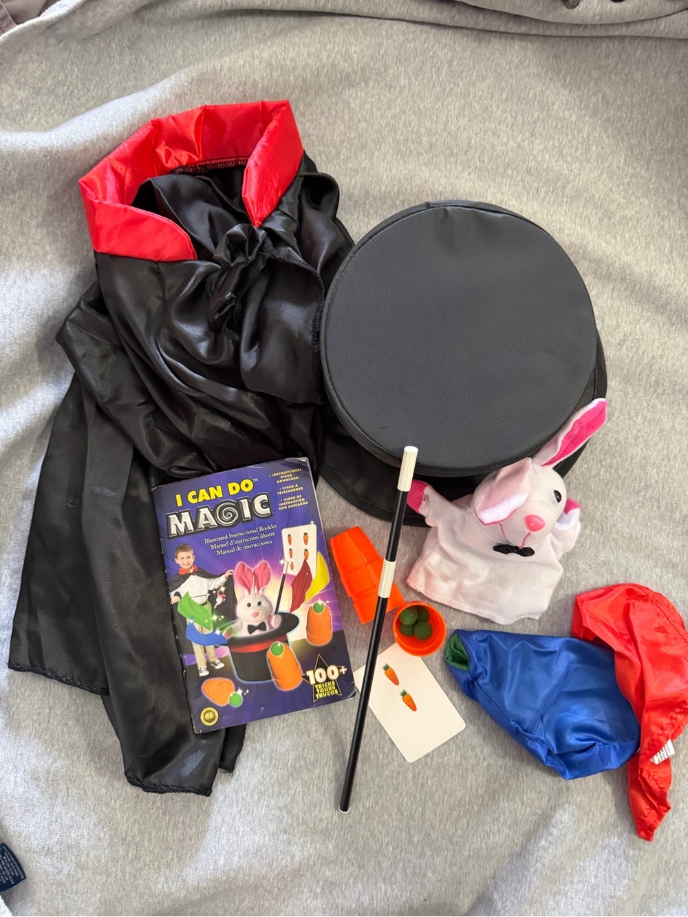 Kids Magic Show Magician and/or Costume Set - Black & Red Cape/Top Hat/Props